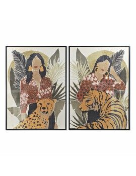 Pintura DKD Home Decor Mulher Tigre 104 x 4,5 x 144 cm Animal Tropical (2 Unidades)