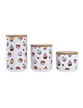 Set de 3 Botes DKD Home Decor Natural Blanco Multicolor Bambú Gres 10 x 10 x 17 cm Cupcake