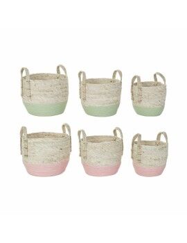 Juego de Cestas DKD Home Decor Natural Rosa Verde Fibra natural 30 x 30 x 32 cm Boho (2 Unidades)