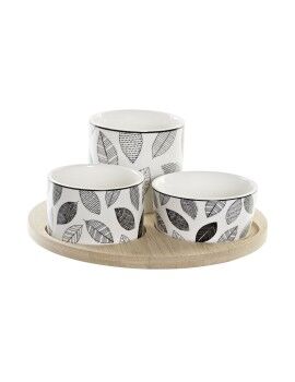 Set de Aperitivo DKD Home Decor Blanco/Negro Bambú Gres Hojas Cottage 3 Piezas 8 cm 20 x 20 x 8 cm