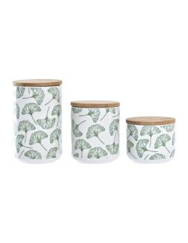 Conjunto de 3 Potes DKD Home Decor Natural Branco Verde Bambu Grés Tropical 10 x 10 x 17 cm