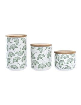 Set de 3 Botes DKD Home Decor Natural Blanco Verde Bambú Gres Tropical 10 x 10 x 17 cm