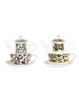 Tetera DKD Home Decor Leopardo Cristal Porcelana Marrón Transparente Blanco (2 Unidades)