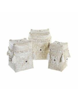 Conjunto de Cestas DKD Home Decor Branco Bambu Conchas (24 x 24 x 30 cm) (3 Peças)