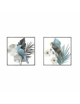 Decoração de Parede DKD Home Decor 50 x 7,6 x 50 cm Preto Cinzento Azul Papagaio Tropical (2...