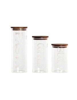 Set de 3 Botes DKD Home Decor 10,2 x 10,2 x 27,7 cm Natural Transparente Acacia Letras Vidrio de...