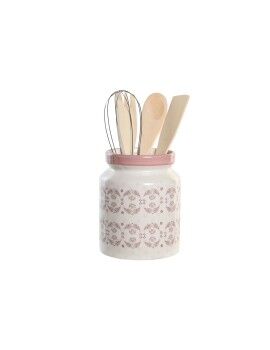 Bote para Utensilios de Cocina DKD Home Decor Rosa Metal Blanco 12 x 12 x 22 cm Dolomita Madera...