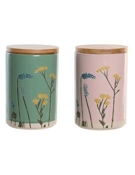 Bote DKD Home Decor 11,5 x 11,5 x 17,5 cm Floral Cor de Rosa Verde Bambu Grés Shabby Chic (2...