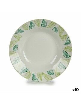 Plato Hondo Blanco Verde Ø 20,6 cm Hojas Porcelana (10 Unidades)