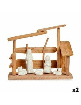 Belén de Navidad Blanco Natural Madera Cerámica 10 x 21 x 25 cm (2 Unidades)