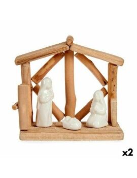 Belén de Navidad Blanco Natural Madera Cerámica 17 x 14,5 x 8 cm (2 Unidades)