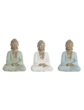 Figura Decorativa Home ESPRIT Blanco Verde Turquesa Buda Oriental 14 x 10,5 x 18,5 cm (3 Unidades)