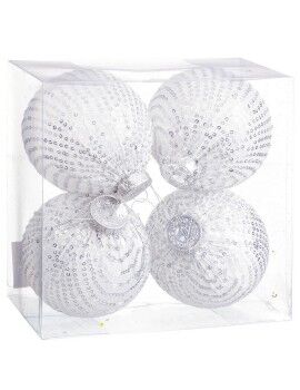 Bolas de Natal Branco Prateado Plástico Tecido Lantejoulas 10 x 10 x 10 cm (4 Unidades)