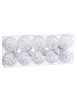 Bolas de Natal Branco Prateado Plástico Tecido Lantejoulas 6 x 6 x 6 cm (10 Unidades)