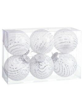 Bolas de Natal Branco Prateado Plástico Tecido Lantejoulas 8 x 8 x 8 cm (6 Unidades)