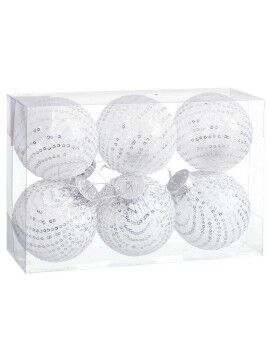 Bolas de Navidad Blanco Plateado Plástico Tejido Lentejuelas 8 x 8 x 8 cm (6 Unidades)