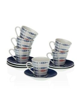 Juego de Tazas con Platos Versa Porcelana 5,8 x 6 x 5,8 cm Peces Café (12 Piezas)