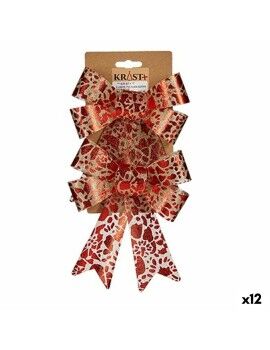 Lazo Adorno Navideño Estampado Rojo Dorado PVC 15 x 4 x 16 cm (12 Unidades)