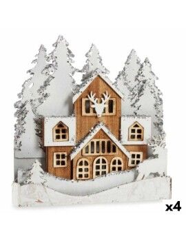 Figura Decorativa Luz Pueblo Blanco Marrón Madera 44 x 43 x 6 cm (4 Unidades)