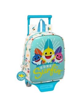 Mochila Escolar com Rodas Baby Shark Surfing Azul Branco 22 x 27 x 10 cm