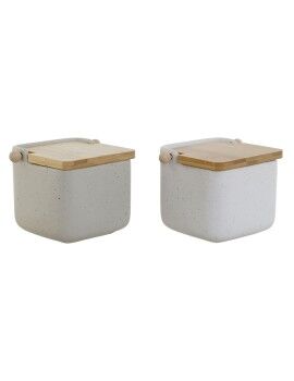 Saleiro com Tampa Home ESPRIT Branco Bege Natural Bambu Dolomite 15 x 12 x 11 cm (2 Unidades)