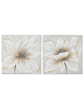 Pintura Home ESPRIT Branco Bege Tela Madeira MDF Flor Romântico 50 x 2,5 x 50 cm (2 Unidades)