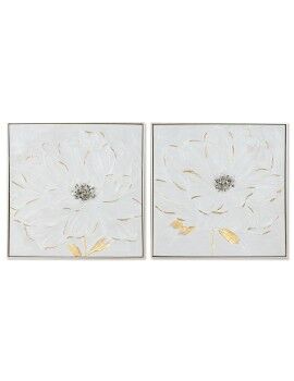 Cuadro Home ESPRIT Blanco Dorado Poliestireno Lienzo Flor Shabby Chic 62 x 4,5 x 62 cm (2 Unidades)