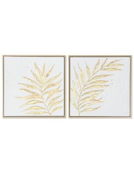 Cuadro Home ESPRIT Blanco Dorado Lienzo Madera MDF Moderno Hoja de planta 42 x 4 x 42 cm (2...