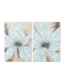 Cuadro Home ESPRIT Azul Dorado Lienzo Madera MDF Flor Shabby Chic 60 x 3 x 90 cm (2 Unidades)