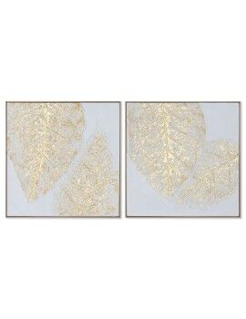 Cuadro Home ESPRIT Blanco Dorado Lienzo Madera MDF Moderno Hoja de planta 82 x 4,5 x 82 cm (2...