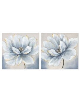 Pintura Home ESPRIT Azul Branco Tela Madeira MDF Flor Tradicional 40 x 2,5 x 40 cm (2 Unidades)