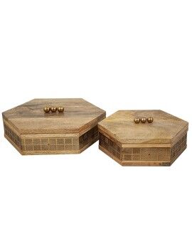 Jogo de Caixas Decorativas Romimex Castanho Dourado Madeira Metal 26 x 29 x 9 cm 20 x 23 x 9 cm 2...