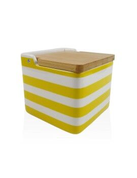 Saleiro com Tampa Versa Amarelo Cerâmica Bambu Dolomite Riscas 12,2 x 11,5 x 12,2 cm