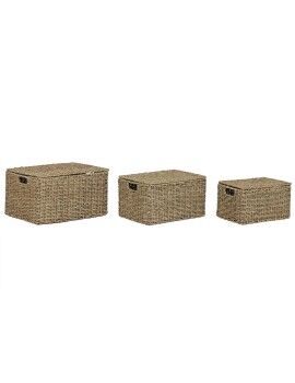 Conjunto de Cestas Home ESPRIT Natural Metal Fibra natural Tropical 46 x 36 x 26 cm (3 Peças)