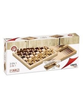 Set 3 Jogos de Mesa Cayro 648 Madeira 29 x 29 cm 3 em 1 Xadrez Backgamon Damas