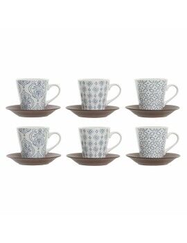 Taza DKD Home Decor Azul Blanco Marrón Madera de caucho Gres 150 ml