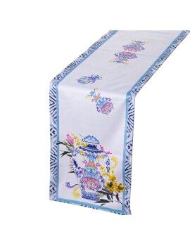 Caminho de Mesa Alexandra House Living Azul Branco Têxtil 180 x 30 cm Veludo