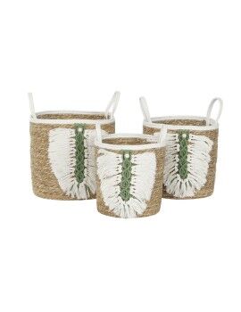 Conjunto de Cestas Home ESPRIT Branco Verde Natural Fibra natural Tropical 39 x 39 x 47 cm (3 Peças)