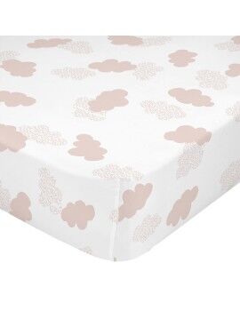 Lençol de baixo HappyFriday BASIC KIDS Branco Cor de Rosa 70 x 140 x 14 cm Nuvens