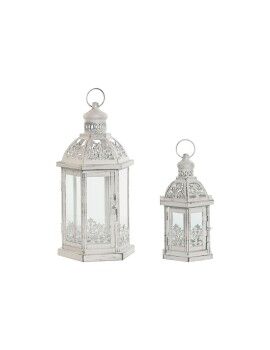 Farolas Home ESPRIT Blanco Metal Cristal Shabby Chic Acabado envejecido 18 x 16 x 35 cm (2 Piezas)