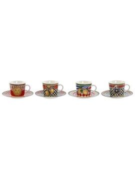 Juego de Tazas con Platos Home ESPRIT Amarillo Rojo Porcelana 12,5 x 12,5 x 1,5 cm (4 Unidades)