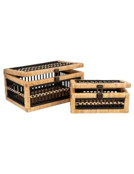 Juego de Cajas Decorativas Romimex Marrón Negro Mimbre Madera MDF 28 x 14 x 20 cm 2 Piezas