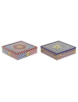 Caja para Infusiones Home ESPRIT Azul Rojo Multicolor Metal Cristal Madera MDF 24 x 24 x 6,5 cm...